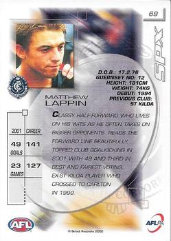 2002 Select AFL Exclusive SPX #69 Matthew Lappin Back